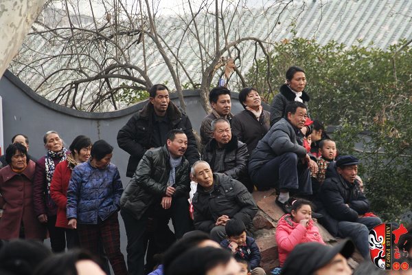 人民公園演出現場擠滿了觀眾，圖為觀眾爬上假山山頭