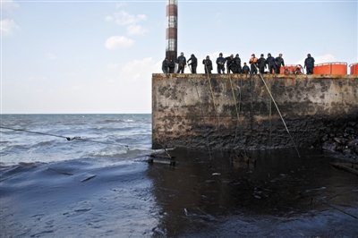 昨日，山東青島，清污人員正在海邊清理油污。