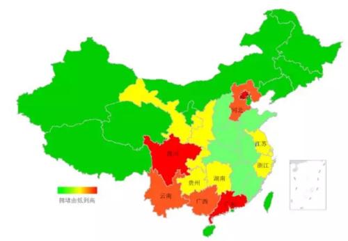 端午期間省域擁堵情況。來源：交通部聯(lián)合其他機(jī)構(gòu)發(fā)布的《2018年端午全國公路網(wǎng)出行預(yù)測報(bào)告》。