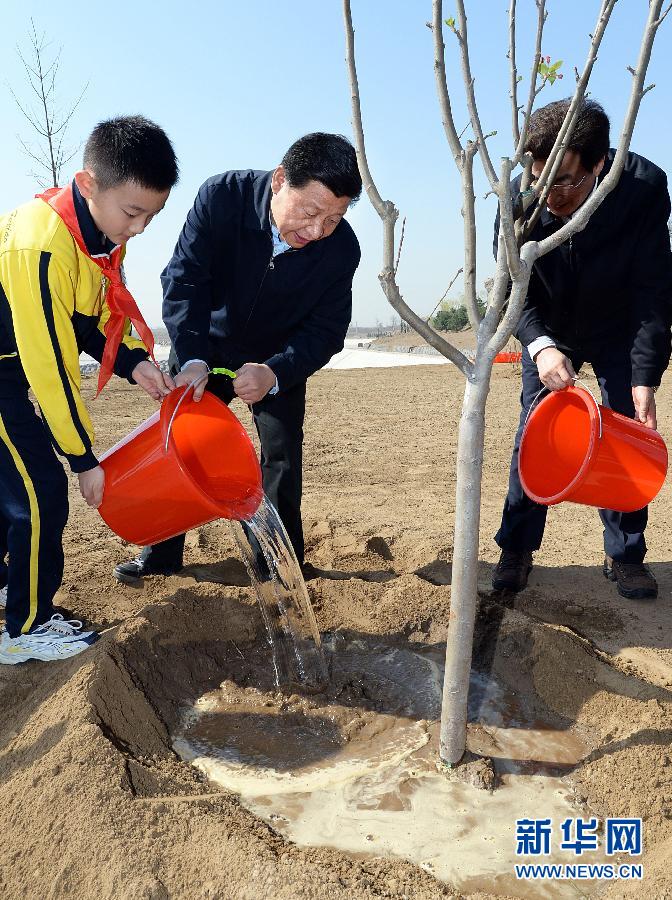 這是習(xí)近平同大家一起給剛栽下的樹苗澆水。