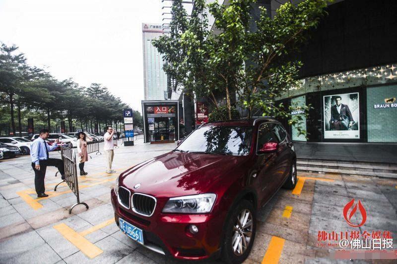 一輛停在停車位上的寶馬轎車，被墜落的樹枝砸中，樹枝徑直插入車內(nèi)，現(xiàn)場引發(fā)不少市民圍觀拍照。